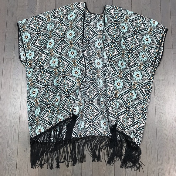 No Brand Tops - Aztec Printed Black Fringe Open Front Kimono Tunic